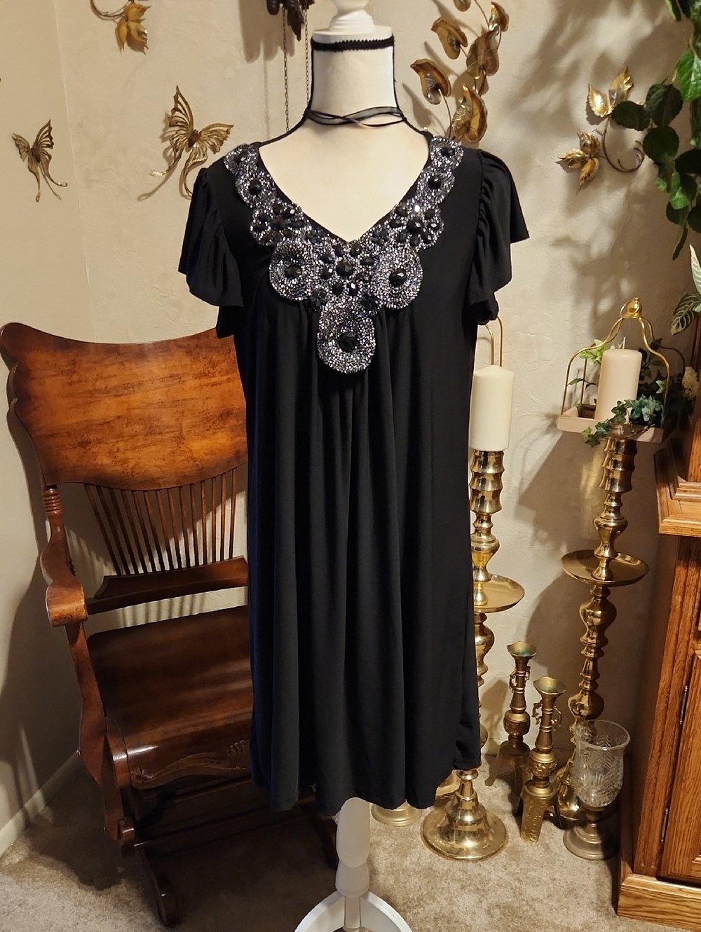 Black Beaded V-Neck Midi Dress